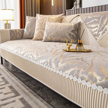 Luxury Leaf Jacquard Velvet Sofa Cover with Lace Edge