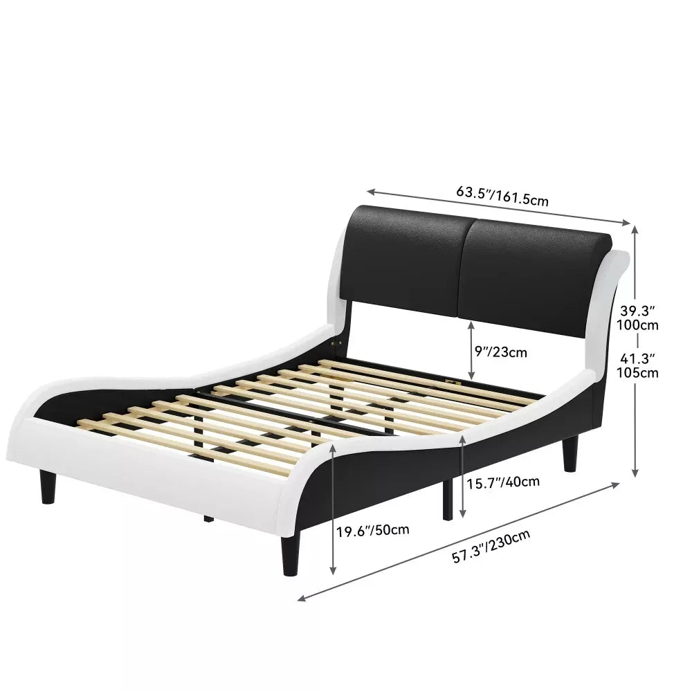 Queen Faux Leather LED Bed Frame with Wave Design – No Box Spring