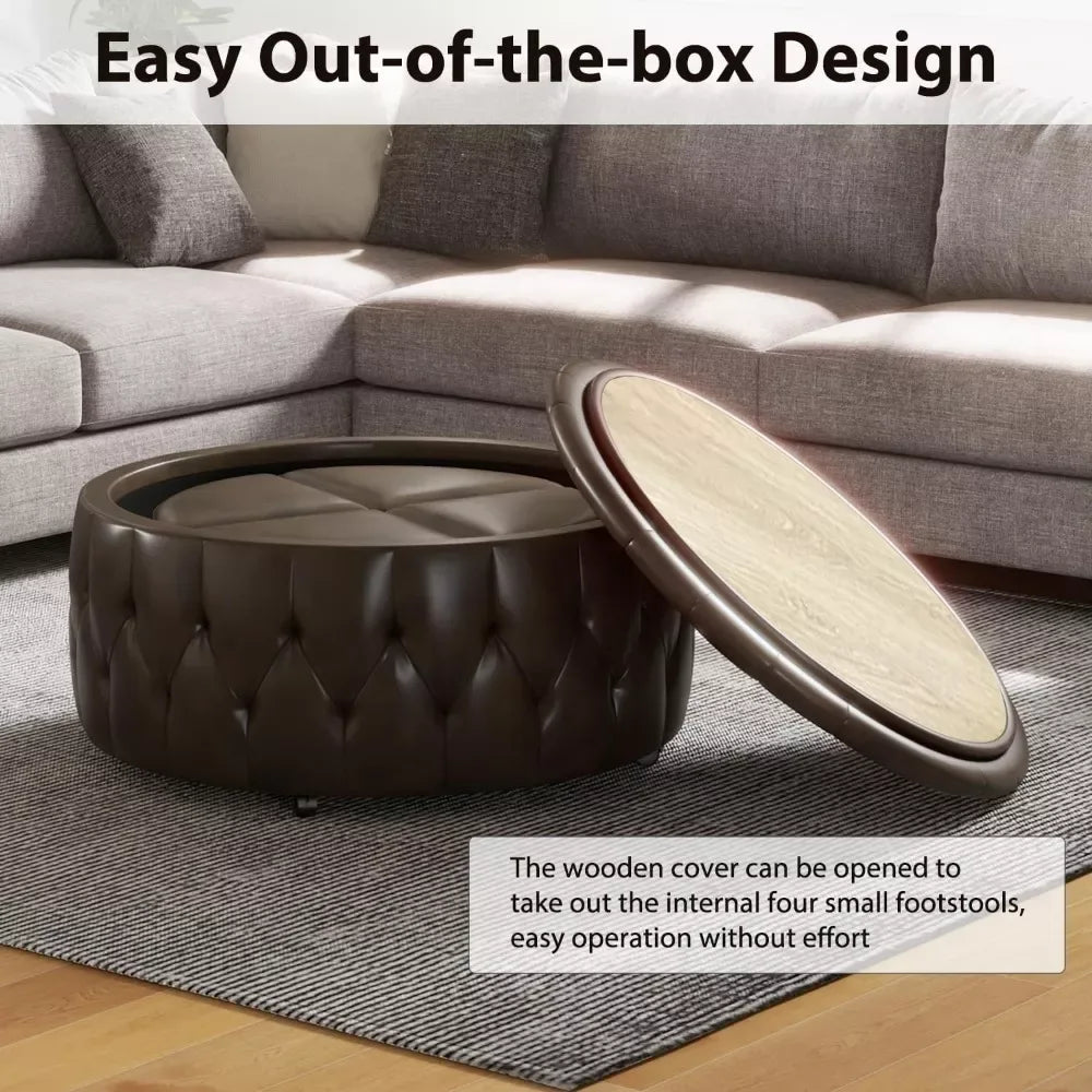 36″ Round Storage Ottoman with Wheels, Hidden Stools & Coffee Table Top - DSARD - DSARD