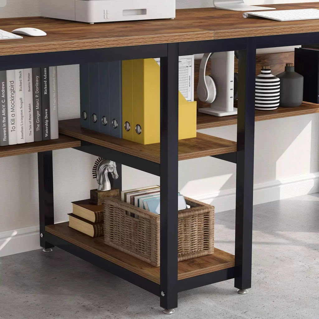 78″ Double Computer Desk with Bookshelves, Rustic Industrial Two-Person Workstation - DSARD - DSARD