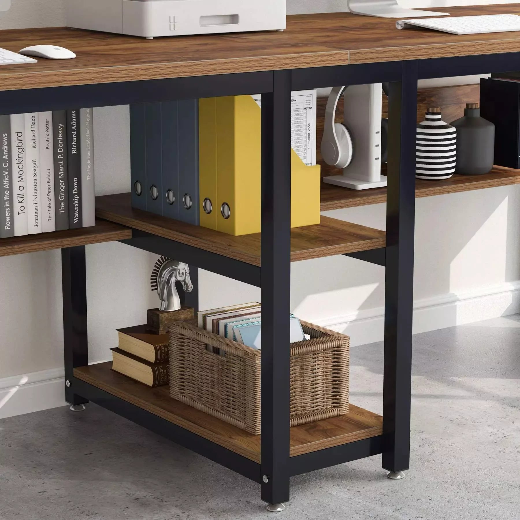 78″ Double Computer Desk with Bookshelves, Rustic Industrial Two-Person Workstation - DSARD - DSARD