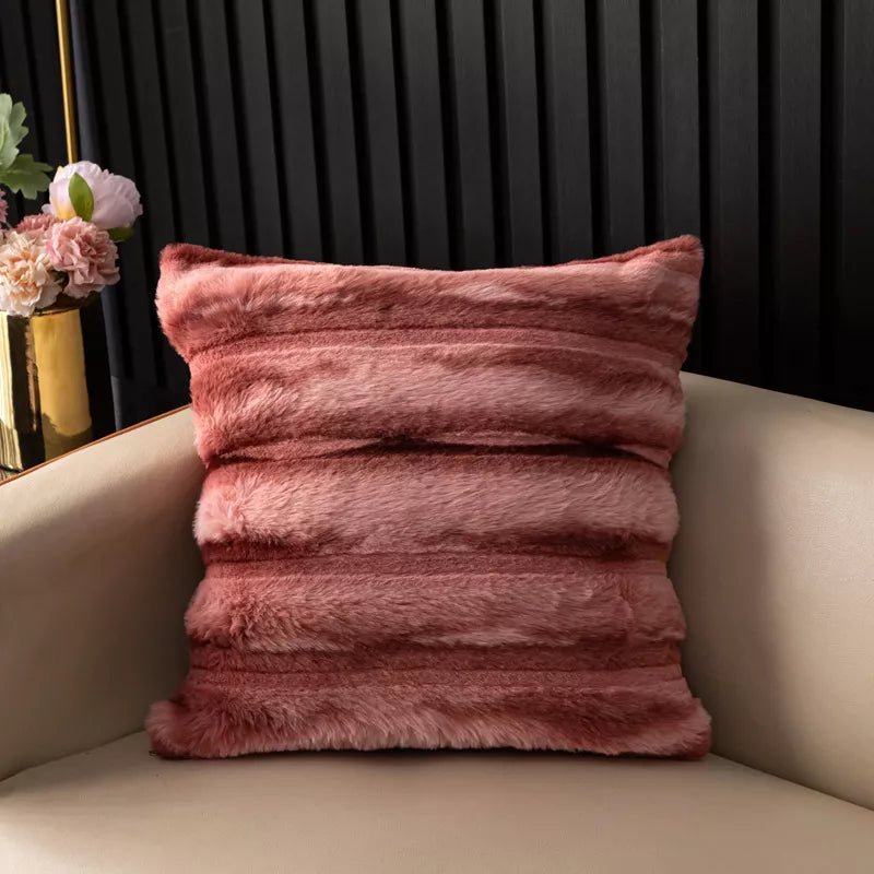 Striped Plush Rabbit Fur Throw Pillow Cover 18x18in Soft Cushion Case