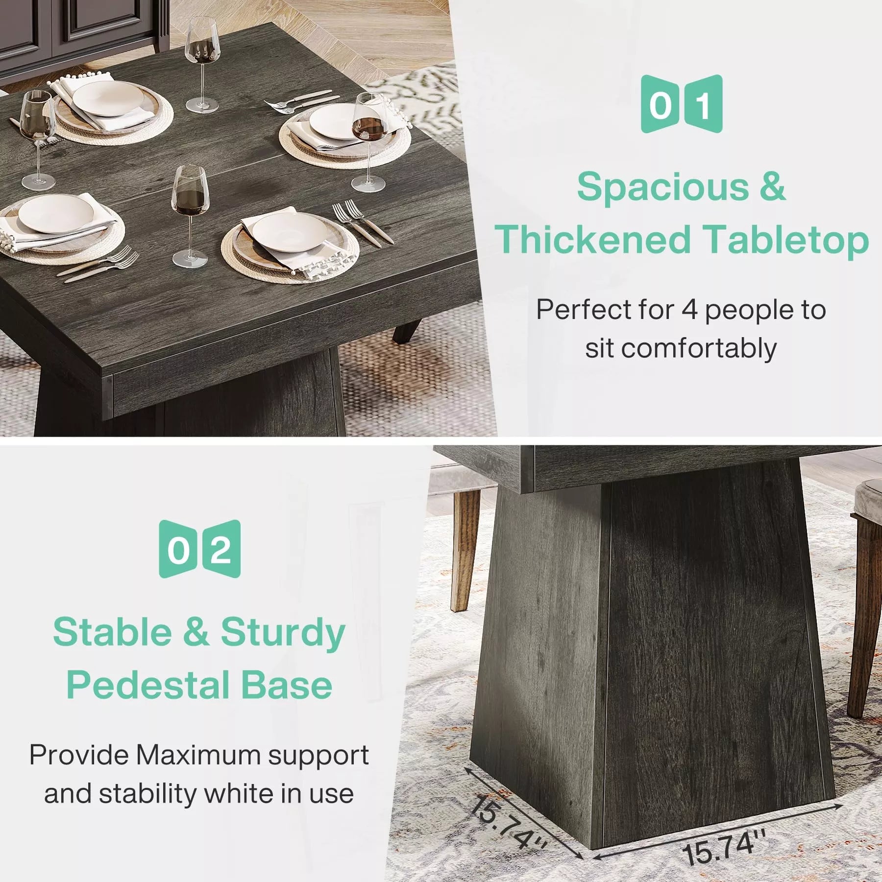 Square Dining Table for 4 – 31.5” Rustic Farmhouse Kitchen Table with Pedestal Base - DSARD