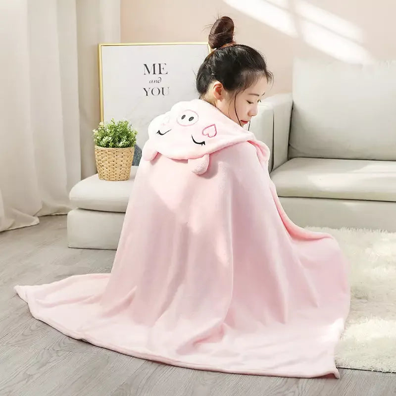 Cozy Cartoon Hooded Blanket – Wearable Coral Velvet Throw for Adults & Kids