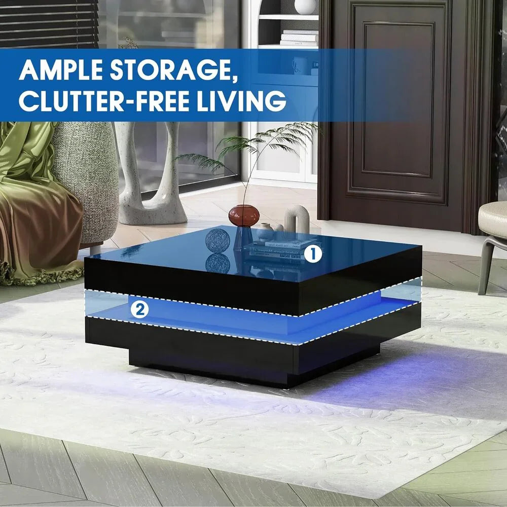 Modern 31.5" High Gloss Square Coffee Table with Multicolor LED Lighting - DSARD