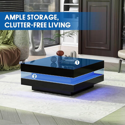 Modern 31.5" High Gloss Square Coffee Table with Multicolor LED Lighting - DSARD