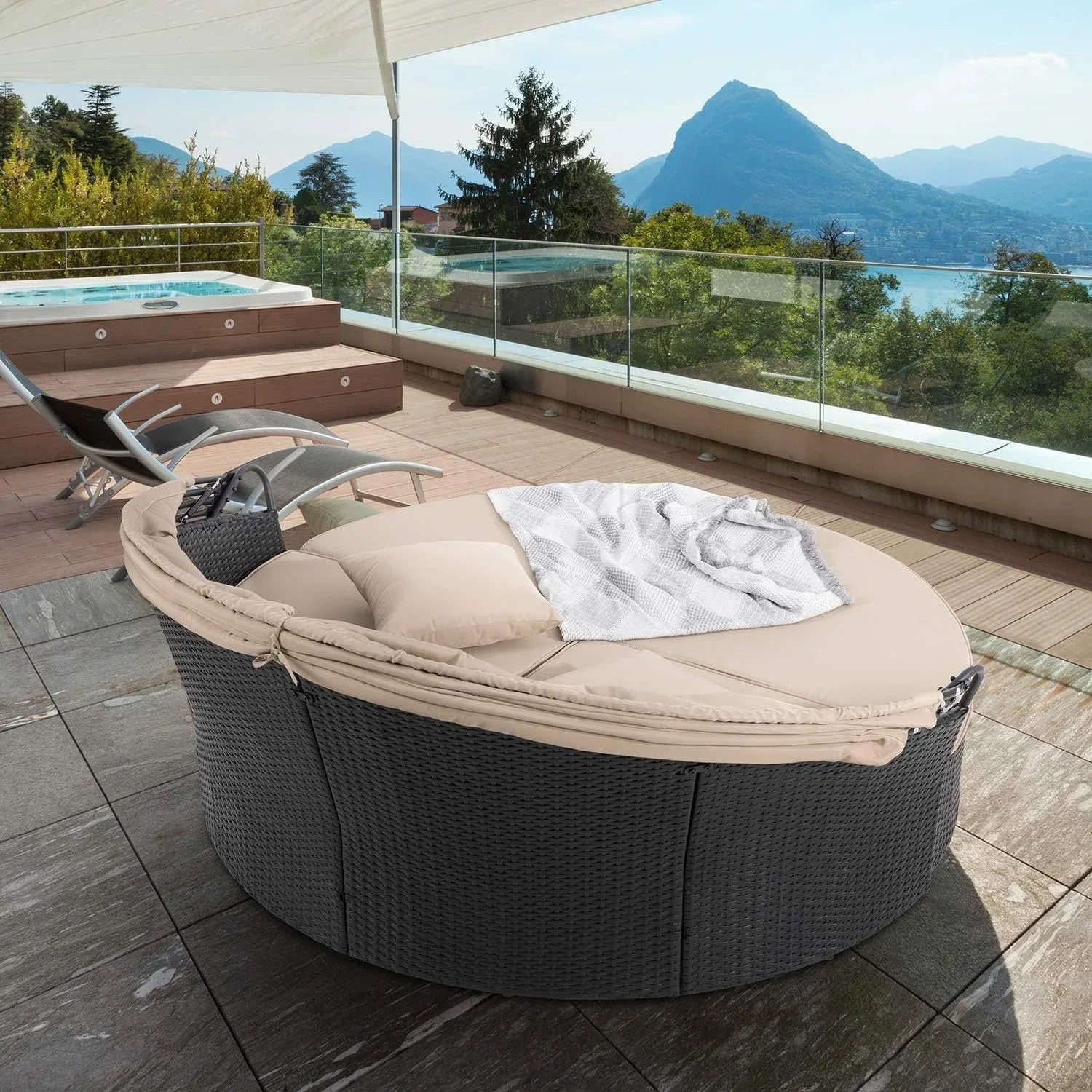 DSARD Outdoor Round Daybed with Retractable Canopy and Black Wicker Sectional - DSARD