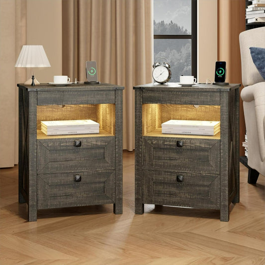 Set of 2 LED Premium Nightstands with Wireless Charging, Sensor Light & Hidden Drawer