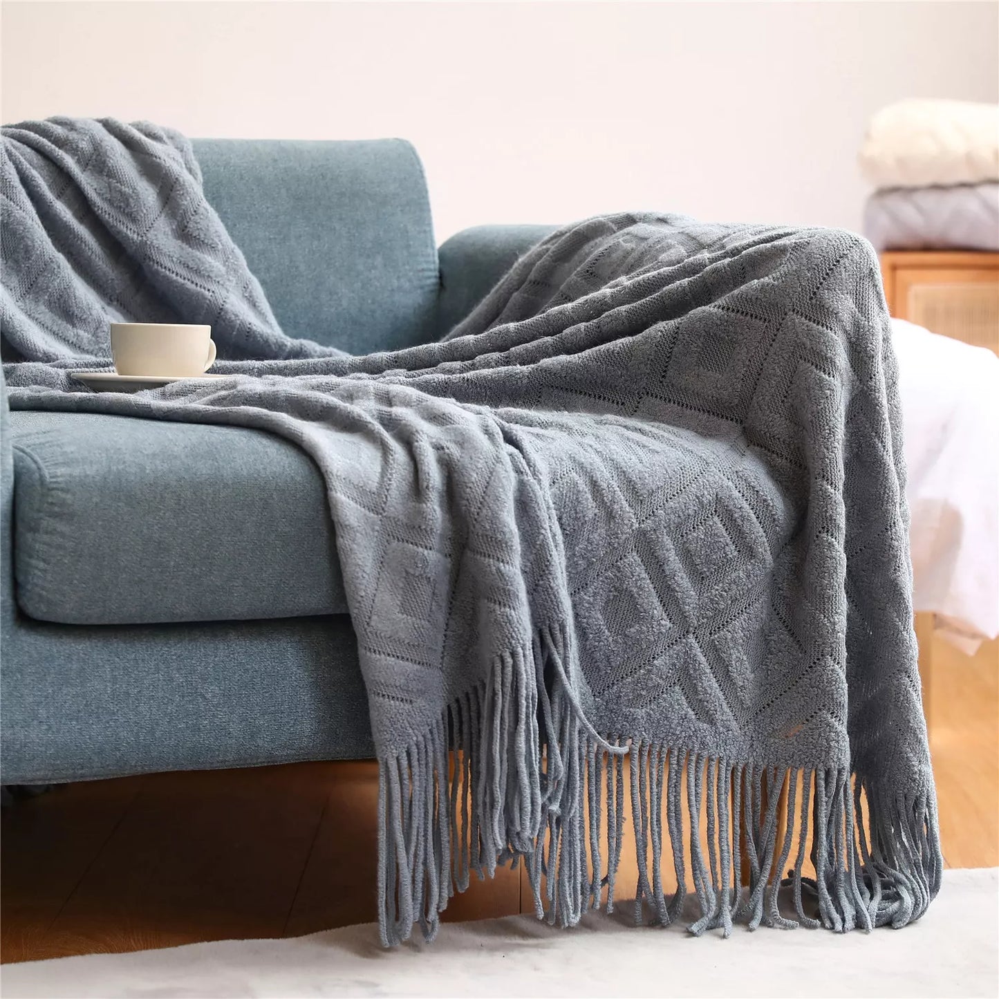 Diamond Knit Winter Cashmere Sofa Blanket with Tassels