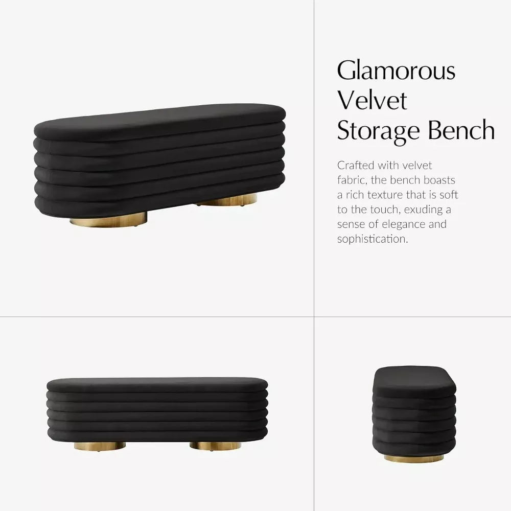 Large Velvet Storage Ottoman Bench with Tufted Design and Gold Legs - DSARD