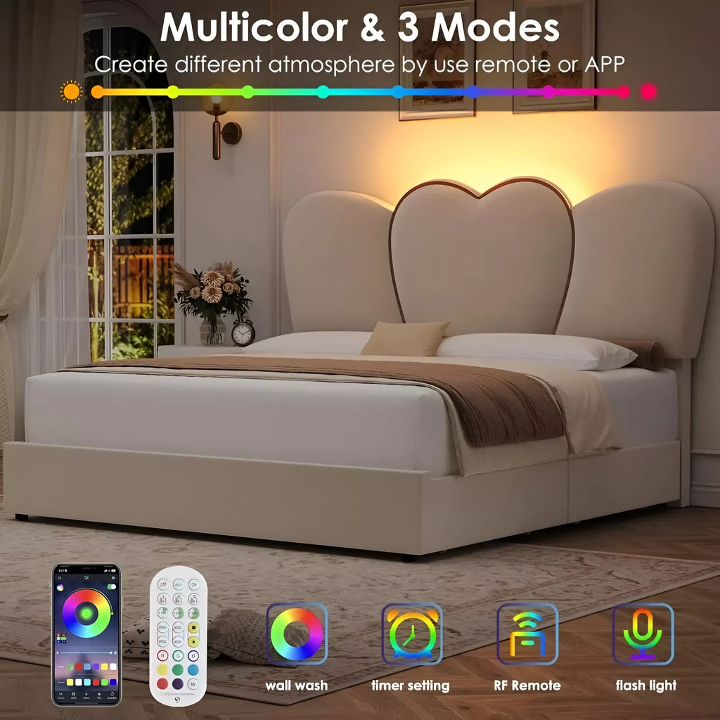 Queen Velvet Upholstered LED Bed Frame with 4 Drawers & Heart Shaped Headboard - DSARD