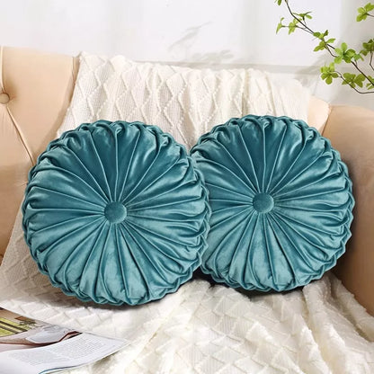 Set of 2 Velvet Round Pumpkin Cushions – Handcrafted Pleated Decorative Pillows