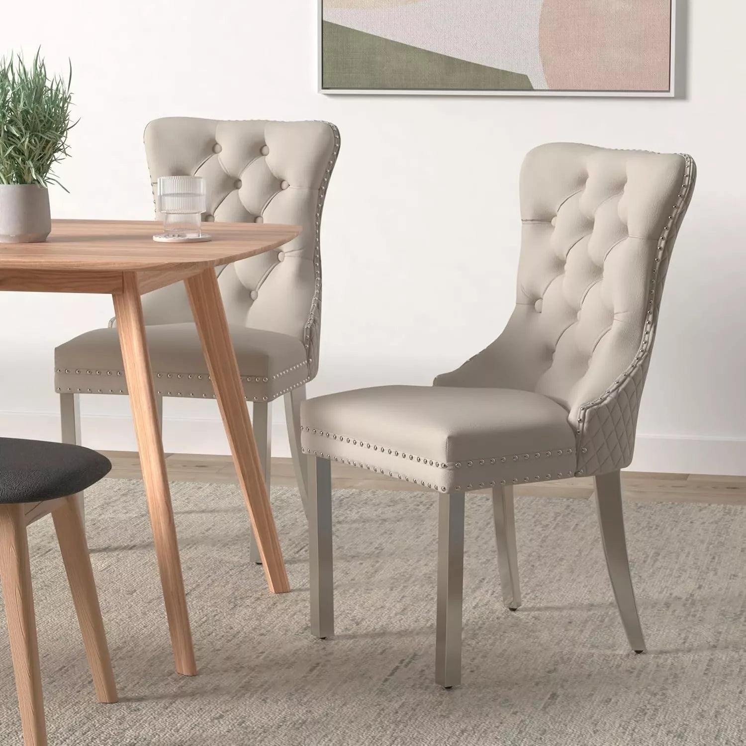 Tufted Upholstered Dining Room Chairs Set of 2 with Nailhead Trim and Lion Pull Ring - DSARD