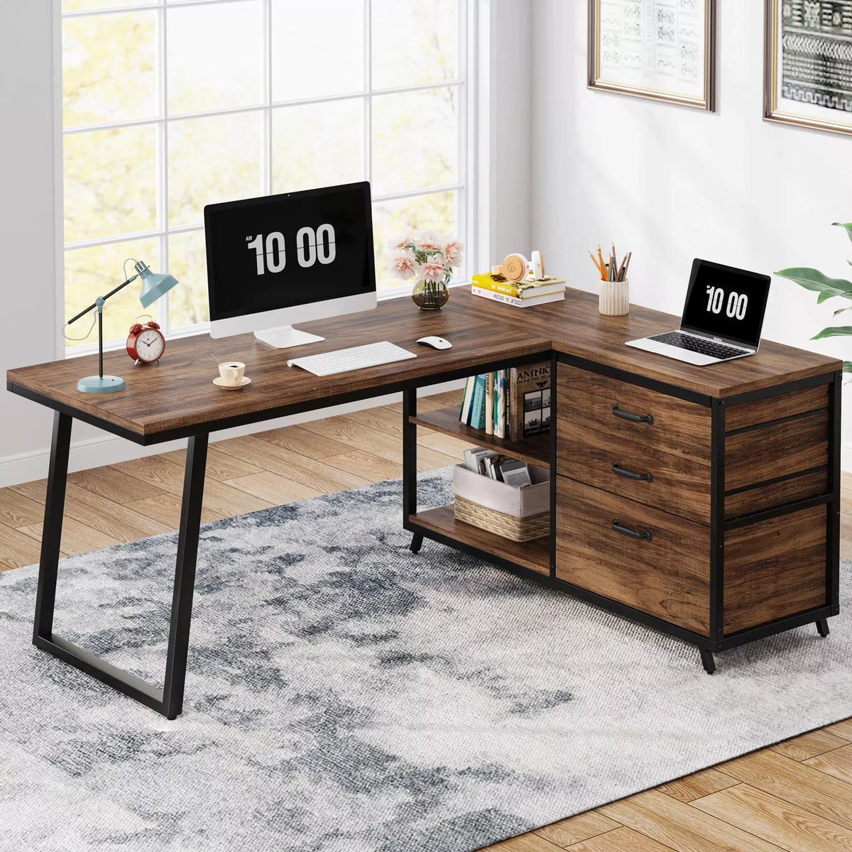 Industrial L-Shaped Computer Desk with Drawers and Shelves, 53 Inch Corner Desk - DSARD