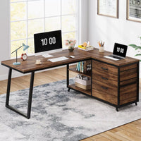 Industrial L-Shaped Computer Desk with Drawers and Shelves, 53 Inch Corner Desk - DSARD