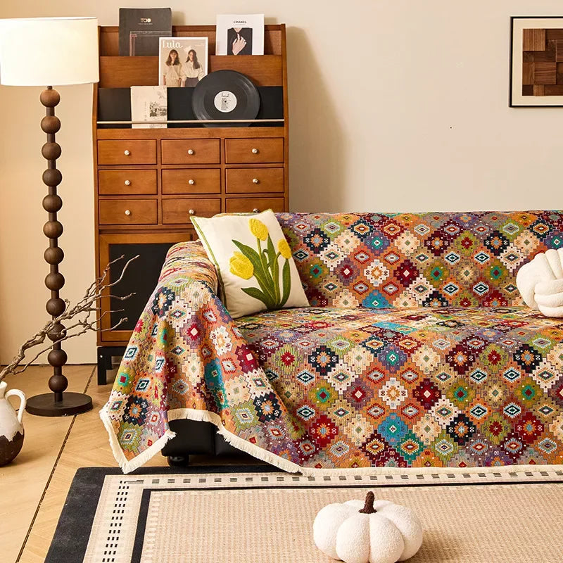 Boho Color Plaid Jacquard Sofa Cover – Elegant All-Season Blanket - DSARD