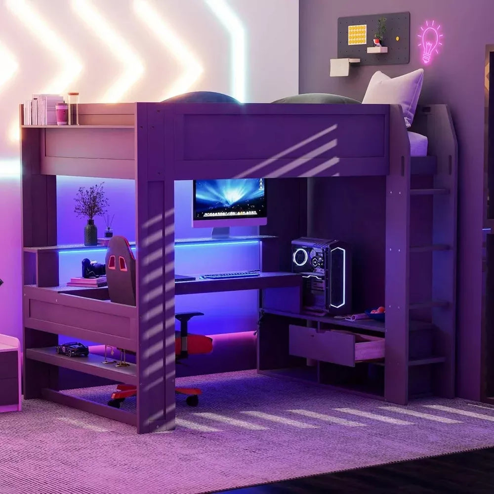 Full Size Wooden Loft Bed with Desk, Shelves, LED Lights, and Charging Station - DSARD