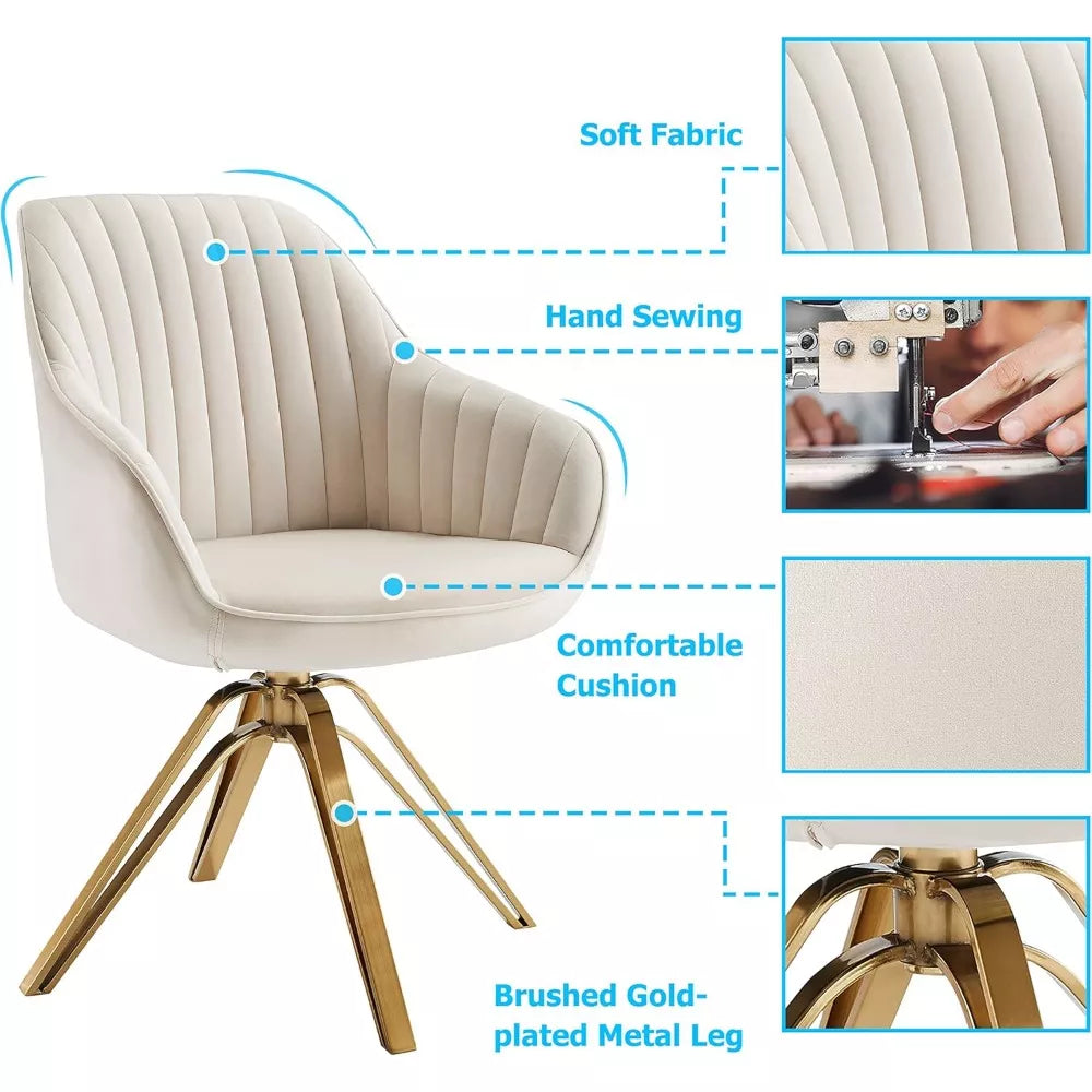 Mid-Century Modern Swivel Desk Chair with Gold Legs, No Wheels, Velvet Upholstery - DSARD