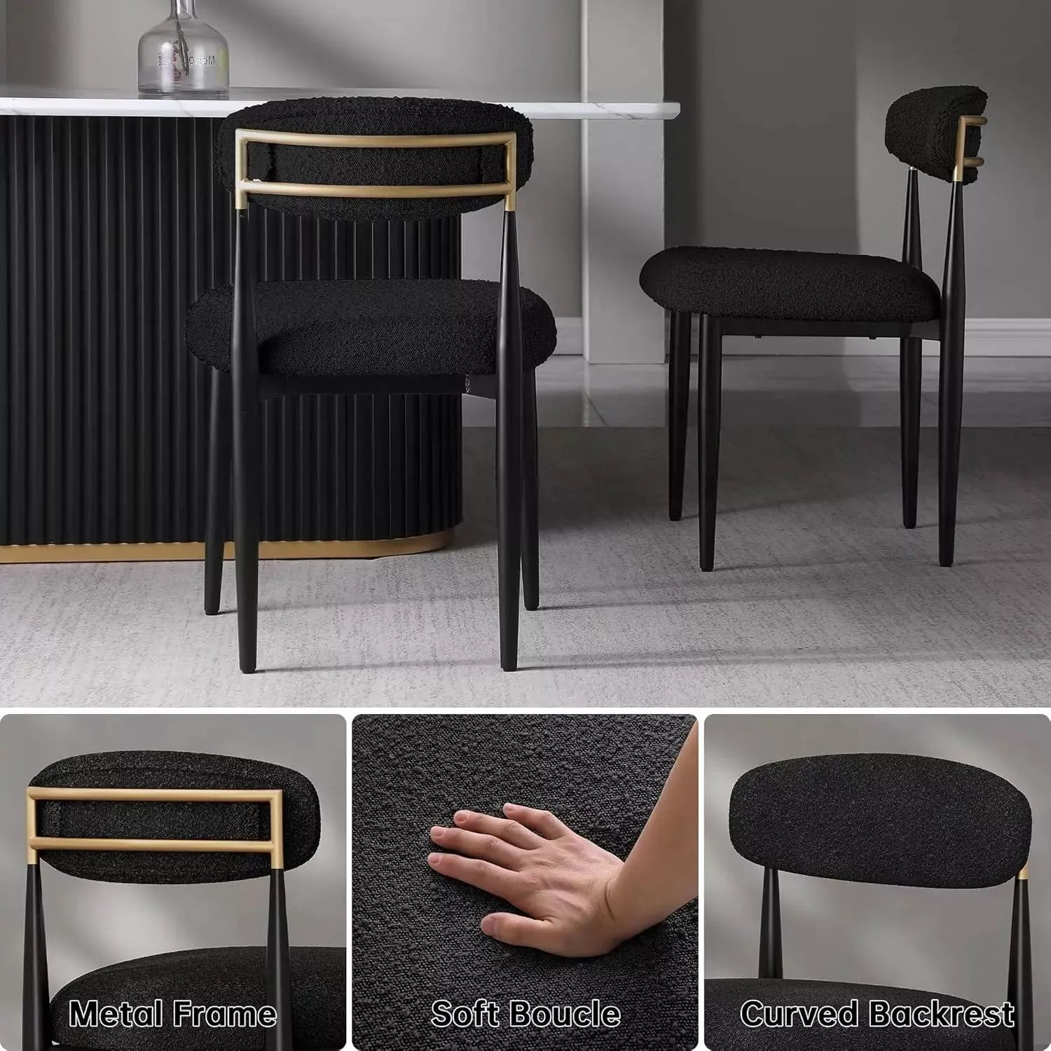 Set of 6 Black Boucle Dining Chairs with Curved Backrest and Metal Legs - DSARD