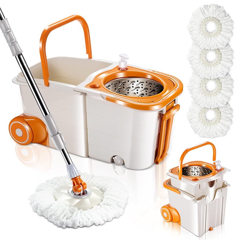 Spin Mop and Bucket System with 4 Microfiber Pads – Efficient Floor Cleaning Set