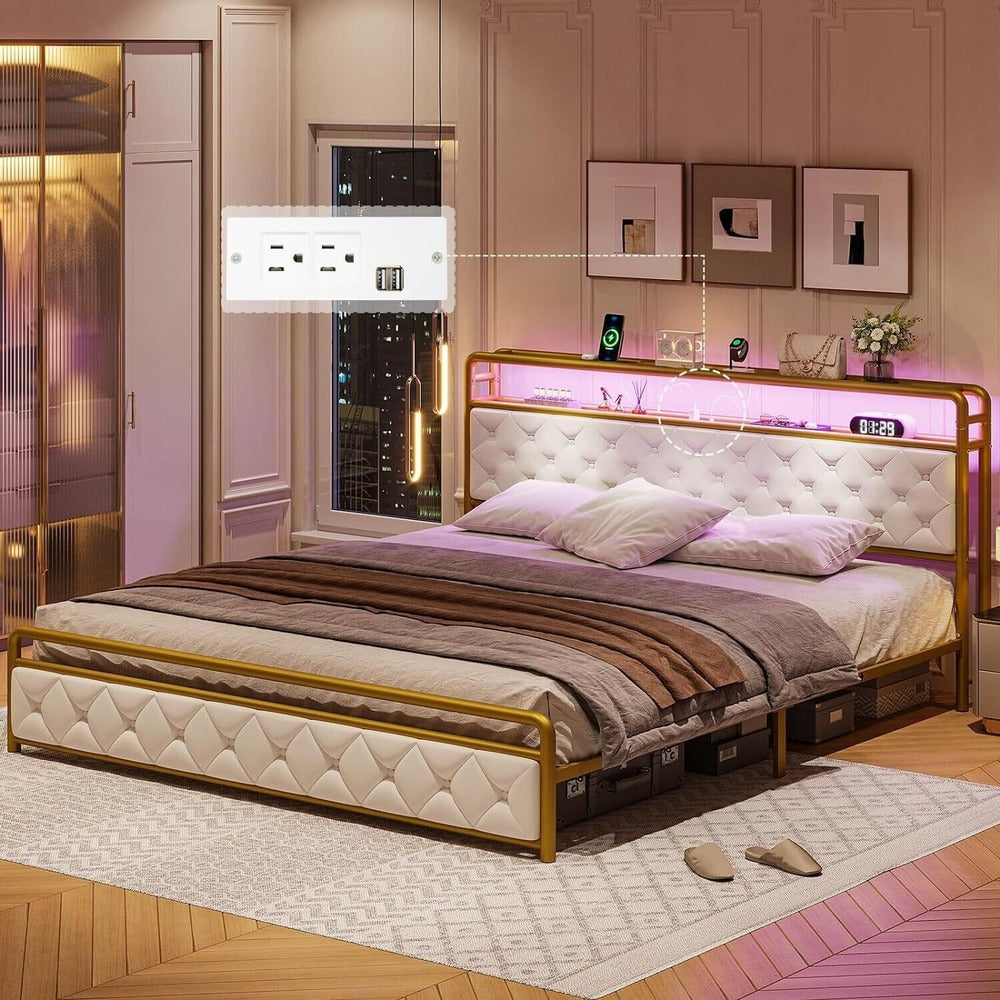Luxurious King Size Upholstered Platform Bed with LED Headboard and Storage Features - DSARD