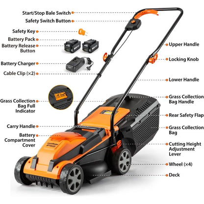 DSARD Efficient 24V Cordless 13-Inch Lawn Mower with Dual Batteries and Charger