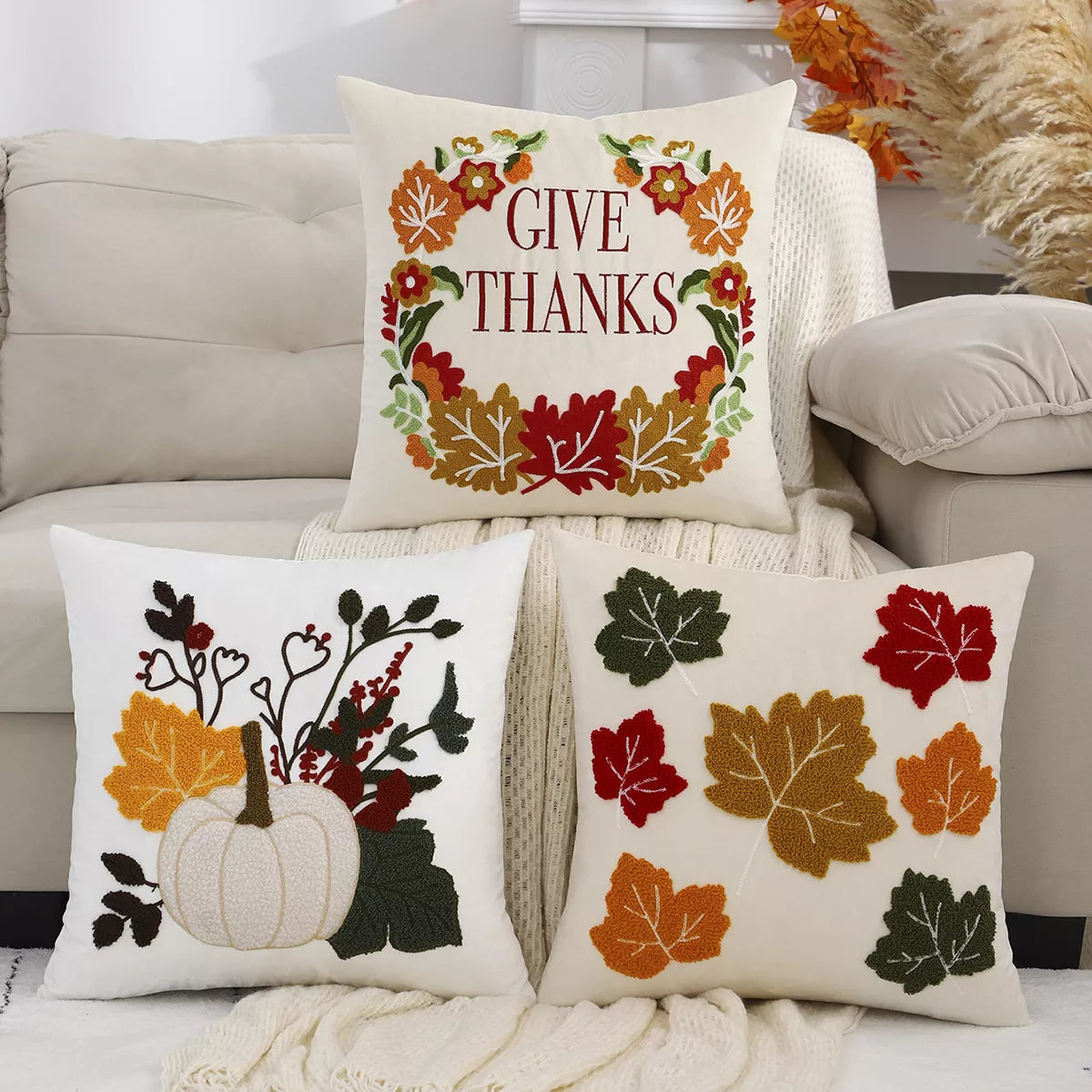Velvet Fall Pillow Cover with Embroidered Maple Leaf & Pumpkin Design