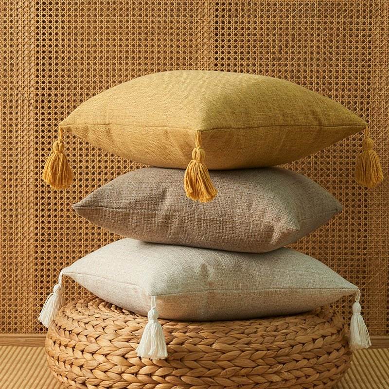 Set of 2 Rustic Linen Throw Pillow Covers with Tassels