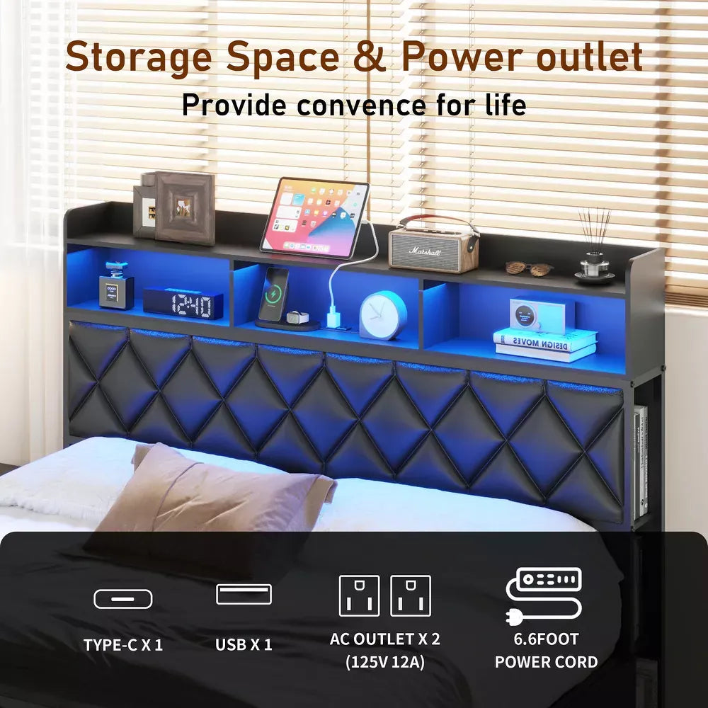 Queen Bed with 4 Drawers, RGB LED, Storage Headboard & Charging
