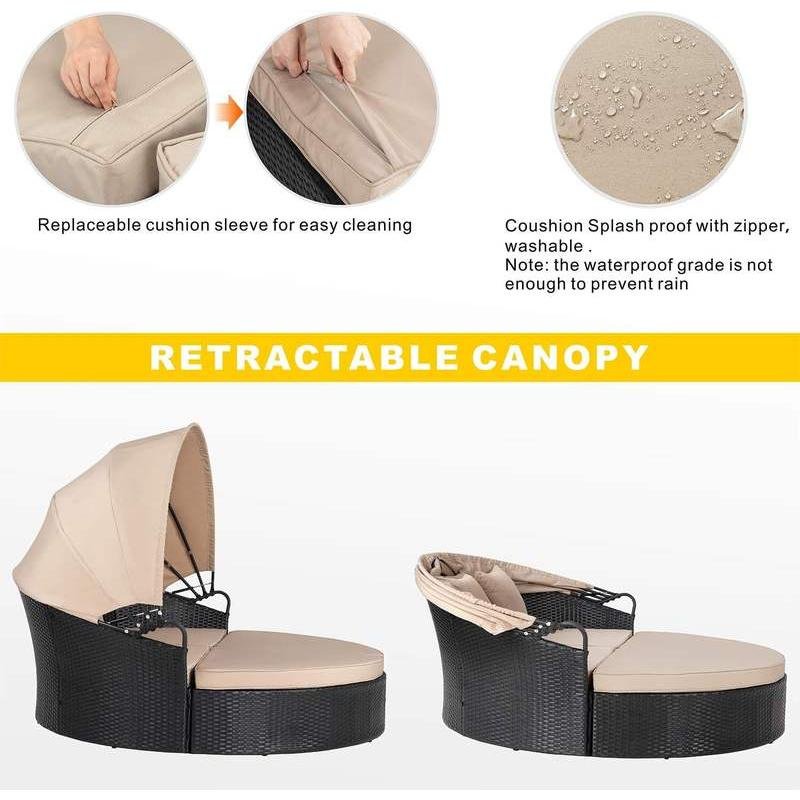 DSARD Outdoor Round Daybed with Retractable Canopy and Black Wicker Sectional