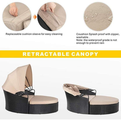 DSARD Outdoor Round Daybed with Retractable Canopy and Black Wicker Sectional