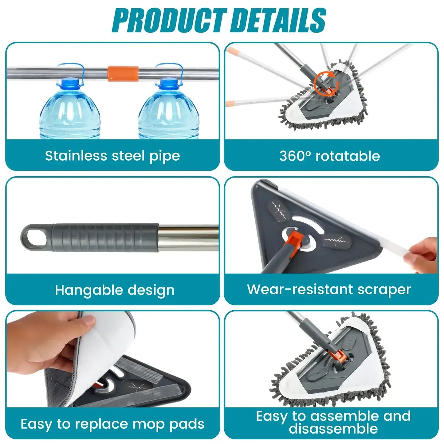 360° Rotatable Wall Mop with Adjustable Long Handle and Triangular Head - DSARD
