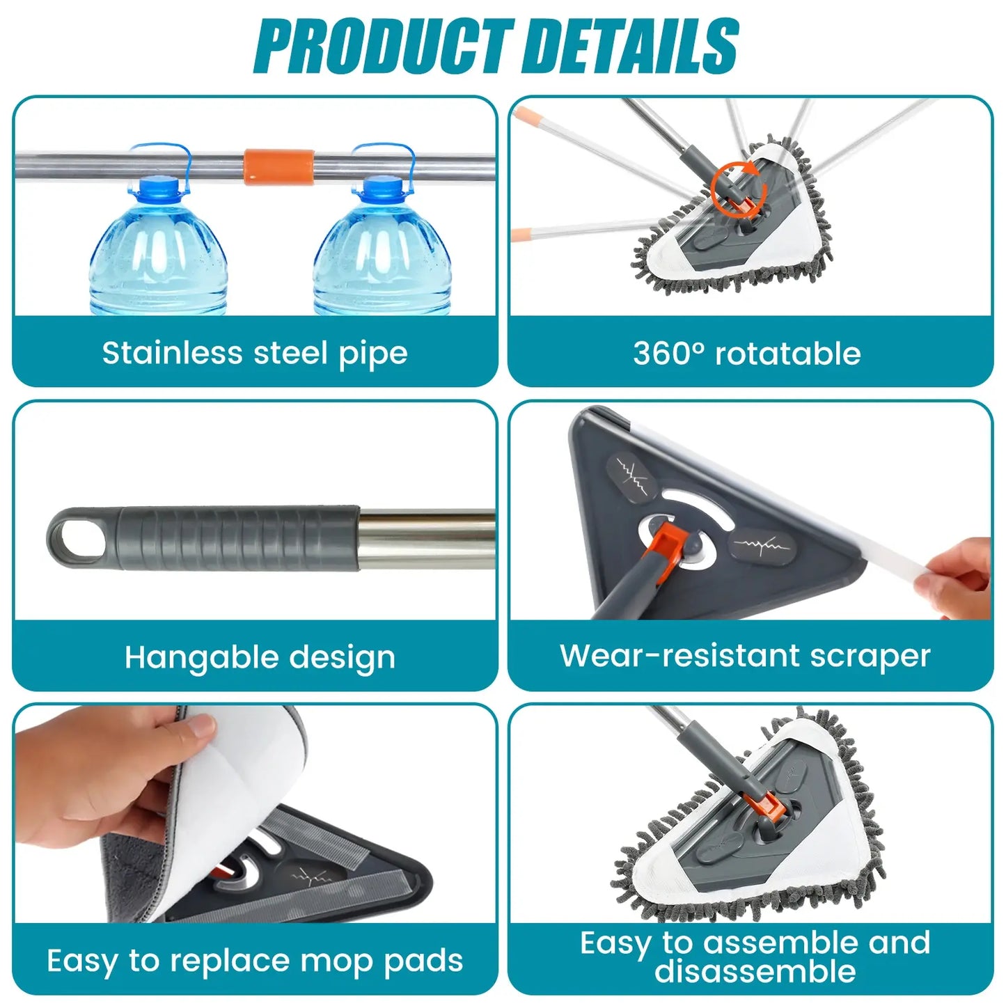 360° Rotatable Wall Mop with Adjustable Long Handle and Triangular Head