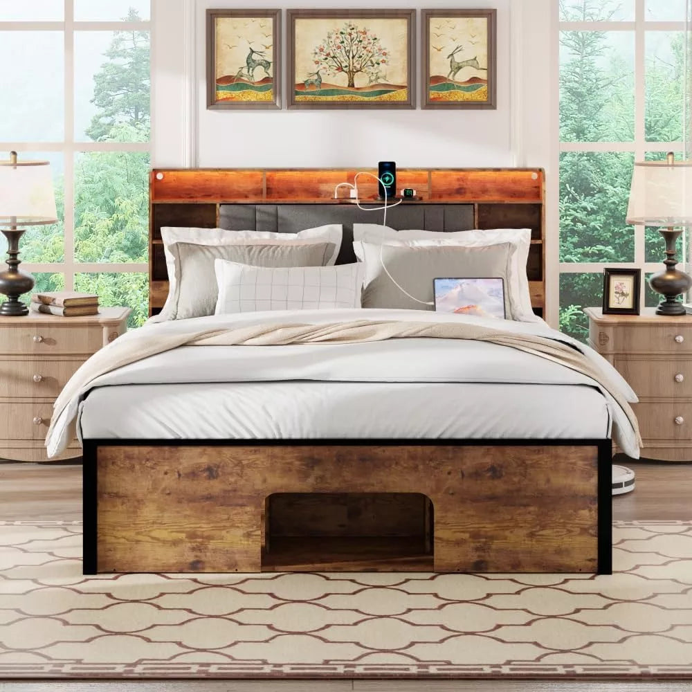 Queen Bed Frame with Upholstered Headboard, Storage, Charging Station & LED - DSARD