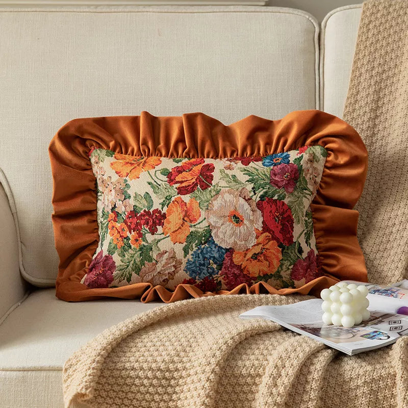 Velvet Ruffle Floral Cushion Cover – Orange & Dark Green Vintage Accent Pillow