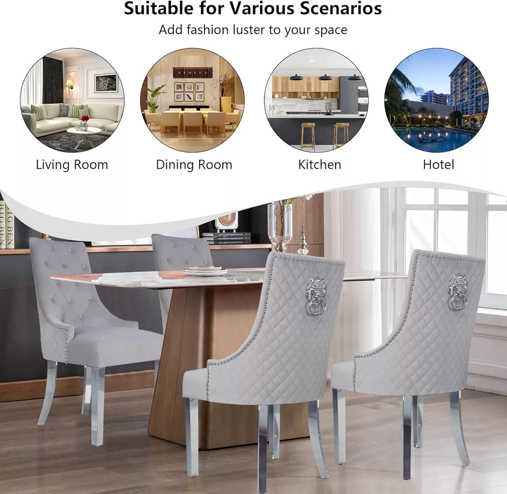 Velvet Wingback Dining Chairs Set of 2 – Tufted with Chrome Legs & Pull Ring - DSARD