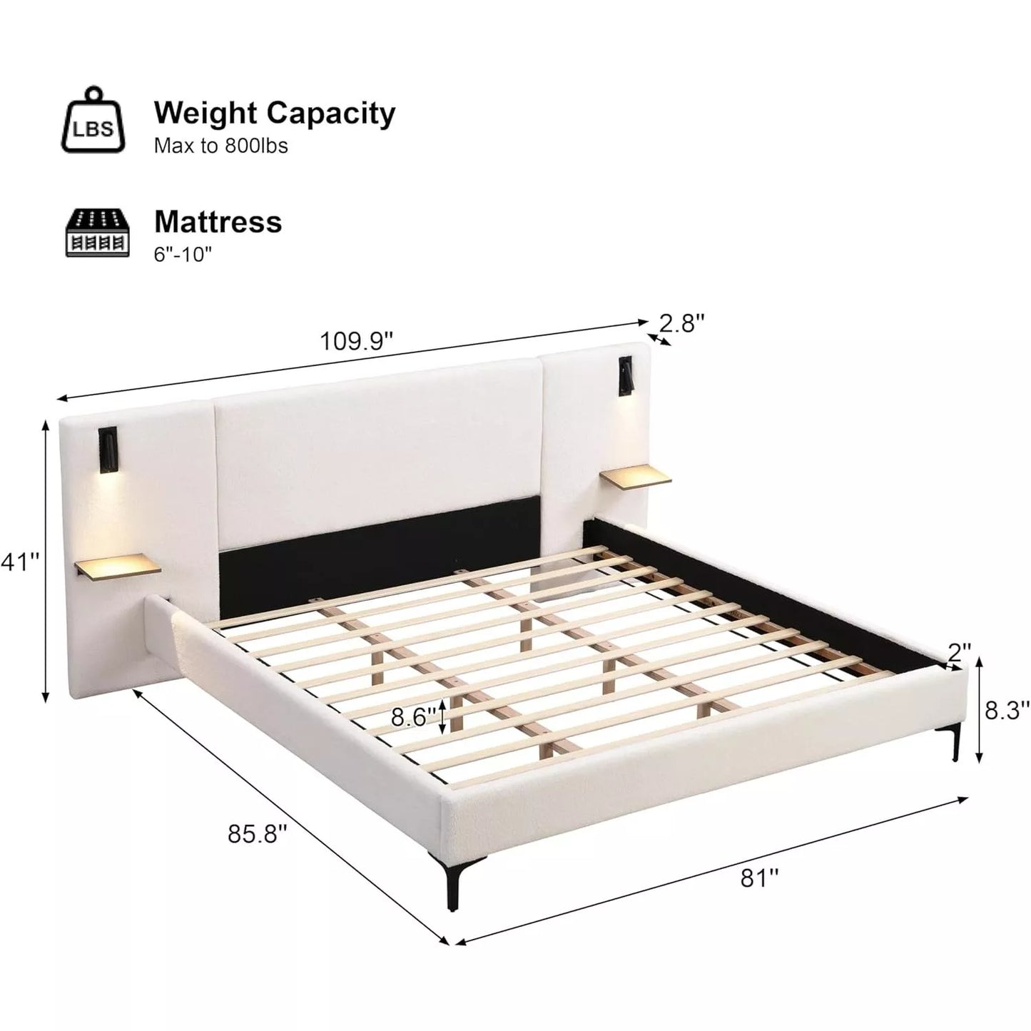 Modern Upholstered Bed Frame with Boucle Headboard, Storage & LED Lights - DSARD