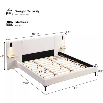 Modern Upholstered Bed Frame with Boucle Headboard, Storage & LED Lights - DSARD