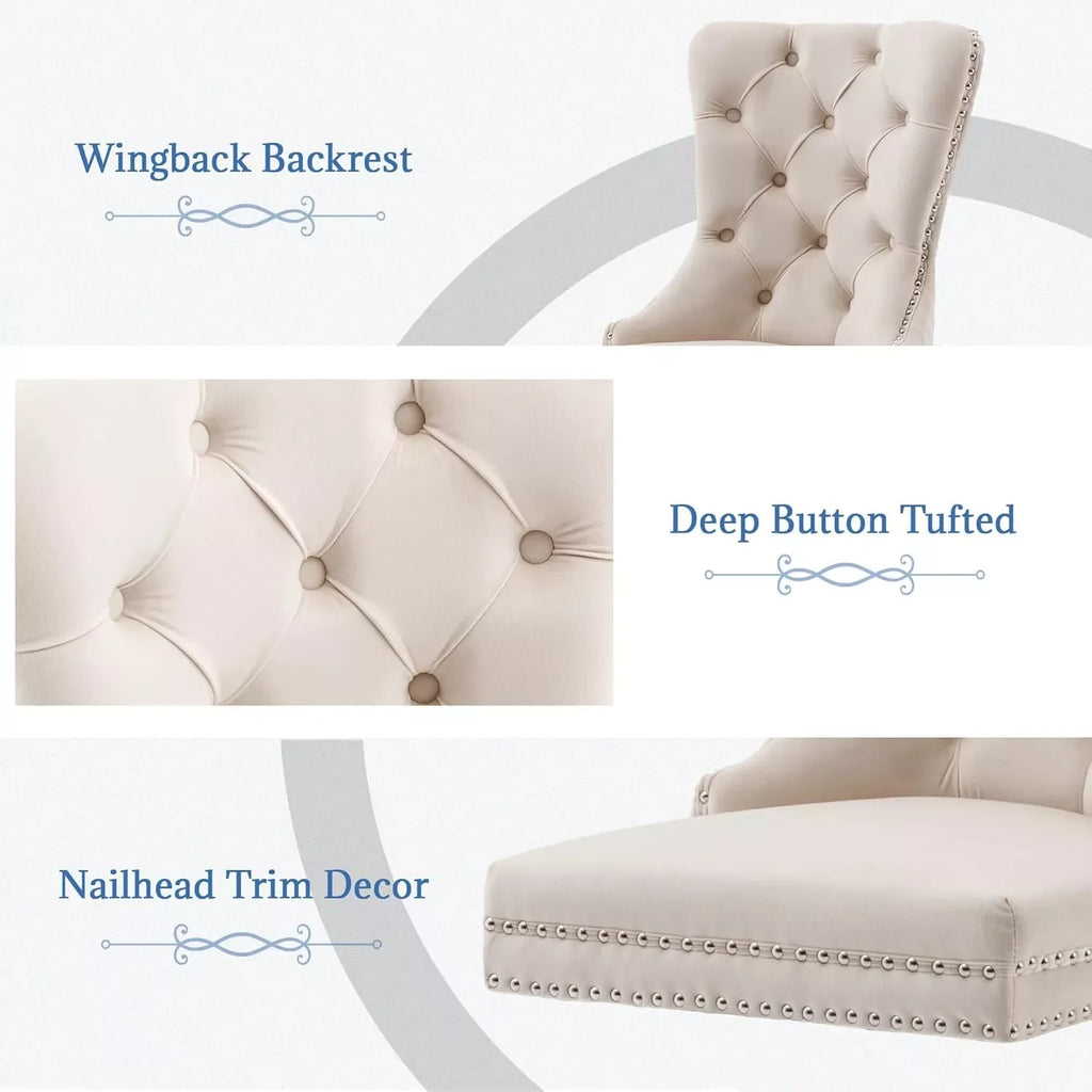 Tufted Upholstered Dining Room Chairs Set of 2 with Nailhead Trim and Lion Pull Ring - DSARD