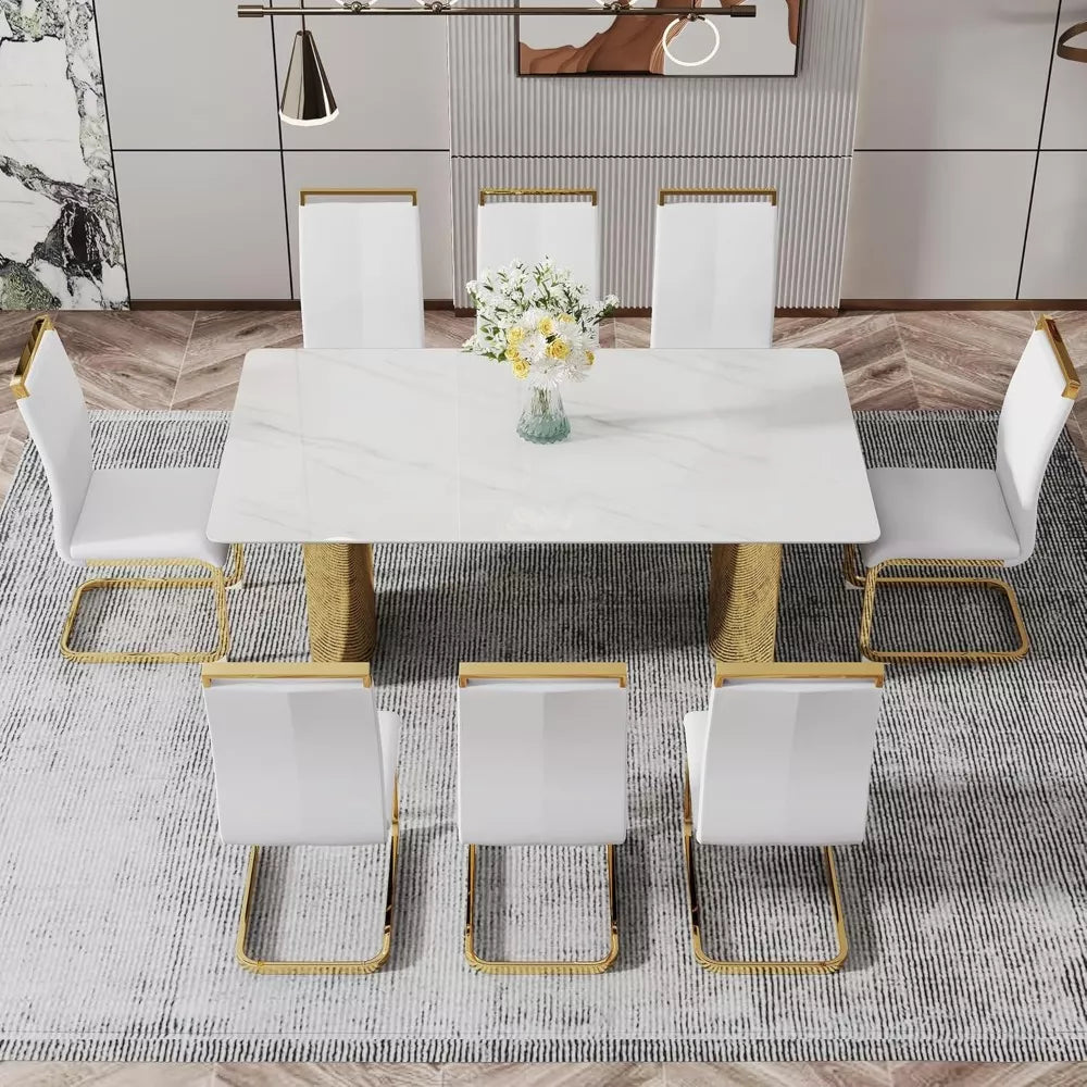 Modern 71” Dining Table Set for 8 with Marble Finish Glass Top & Gold Stainless Steel Base - DSARD