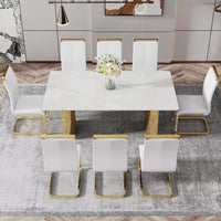 Modern 71” Dining Table Set for 8 with Marble Finish Glass Top & Gold Stainless Steel Base - DSARD