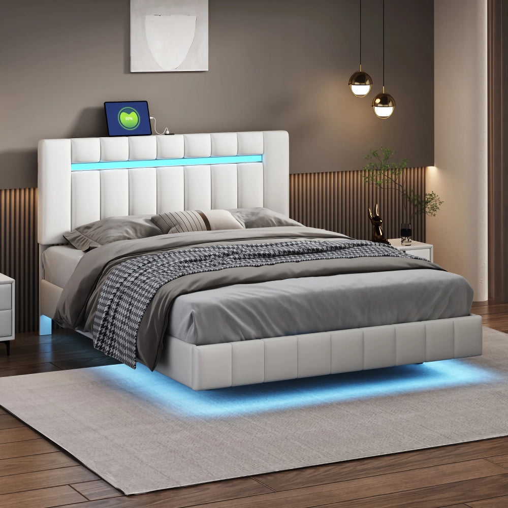 Queen Size LED Upholstered Platform Bed Frame with USB Charging - DSARD