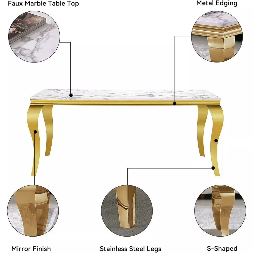 70″ Modern Faux Marble Dining Table for 6-8 People with S-Shaped Gold Base - DSARD