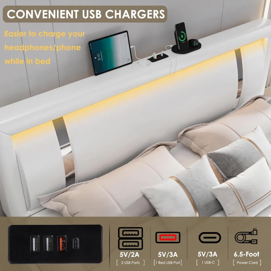 LED Smart Platform Bed with Upholstered Headboard and Storage Drawers - DSARD