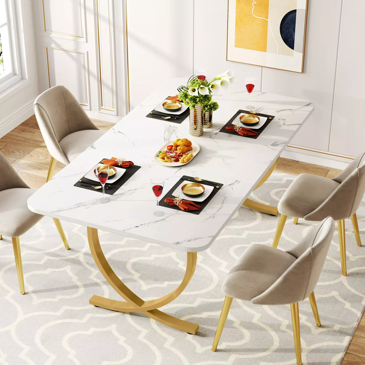 Modern 63″ Faux Marble Dining Table with Gold Legs – Seats 4 to 6 - DSARD