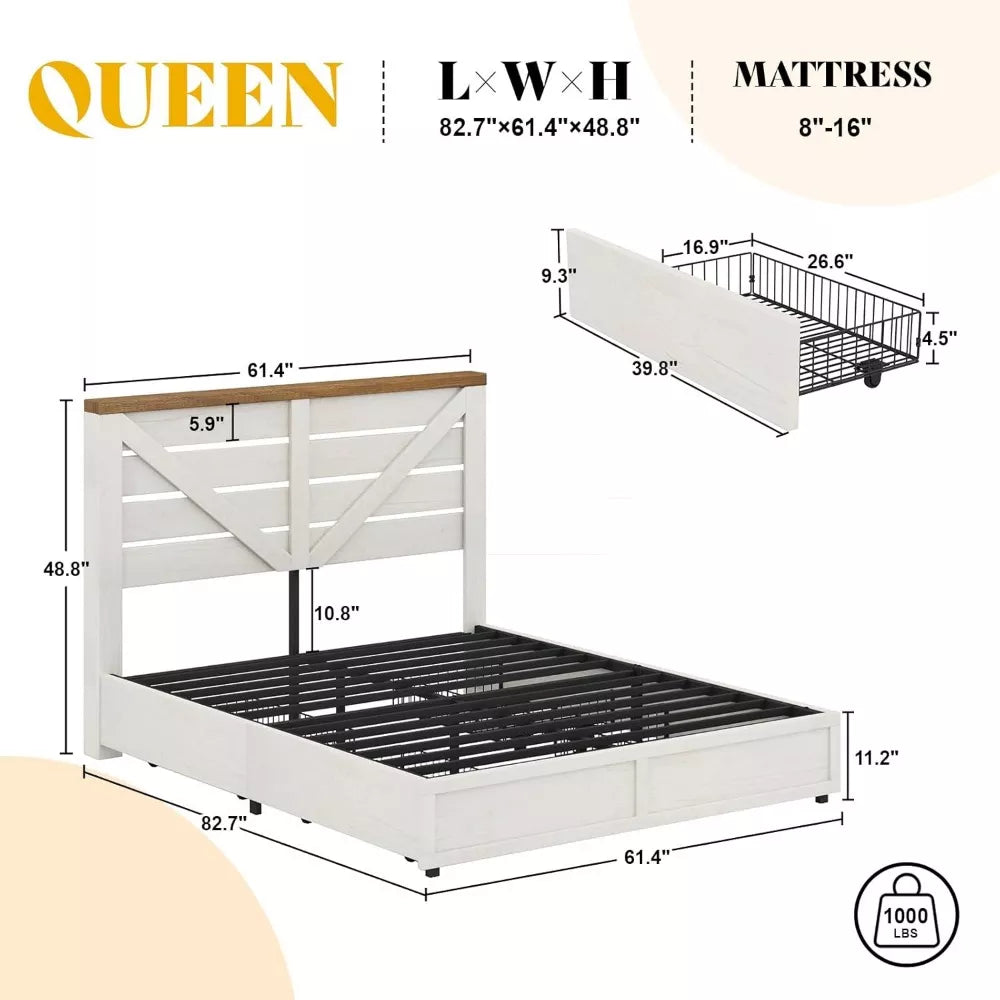 Queen Size Farmhouse Storage Bed Frame with Headboard & 4 Drawers - DSARD