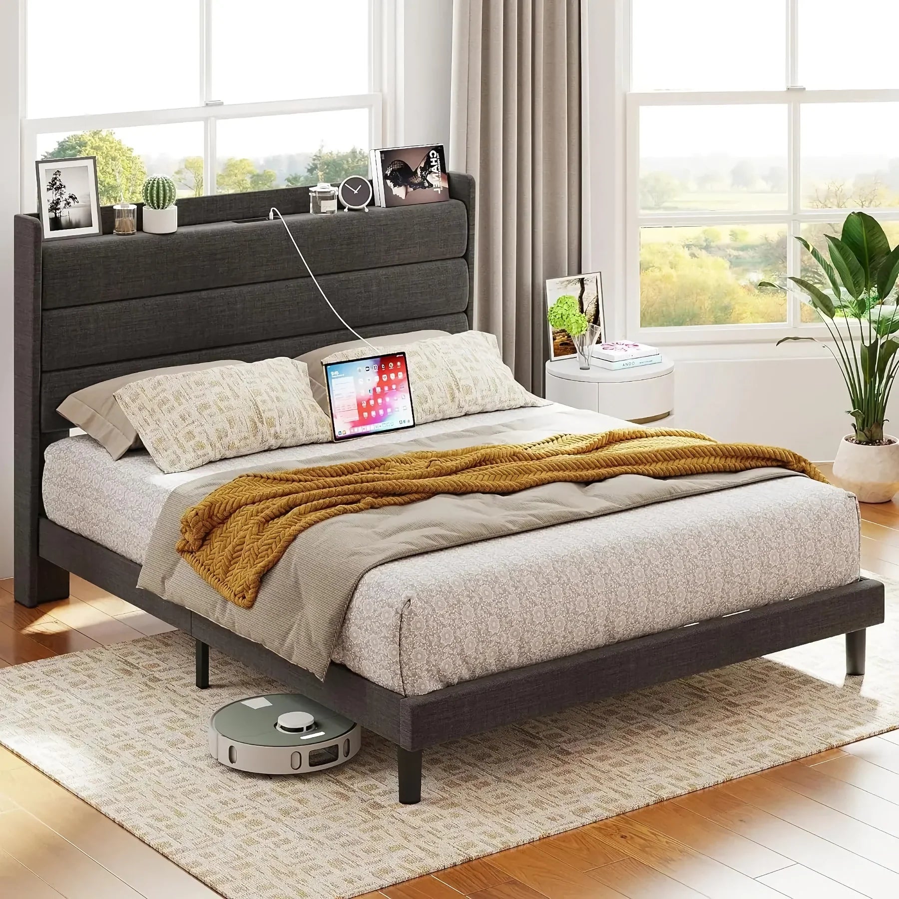 Queen Bed Frame with Storage Headboard & Built-In Outlets