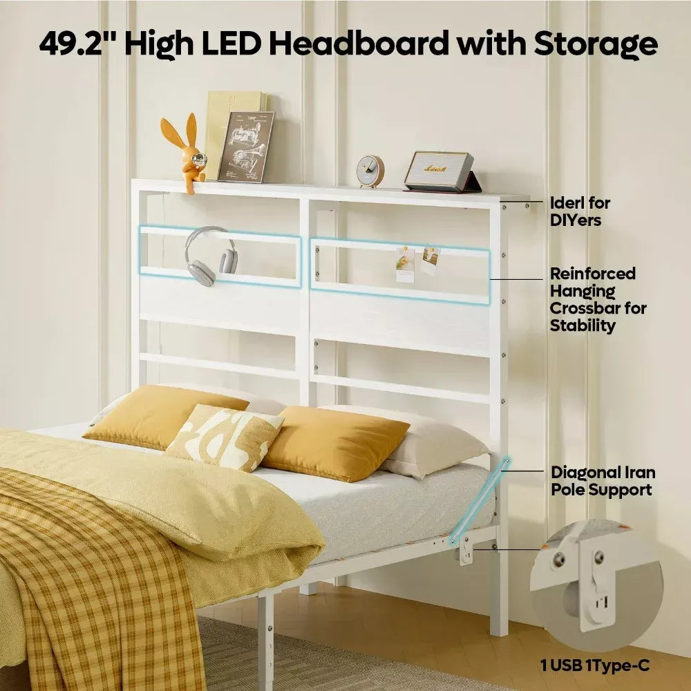 Queen Size Metal Bed Frame with LED Storage Headboard, Drawers, and Charging Station - DSARD