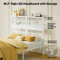 Queen Size Metal Bed Frame with LED Storage Headboard, Drawers, and Charging Station - DSARD