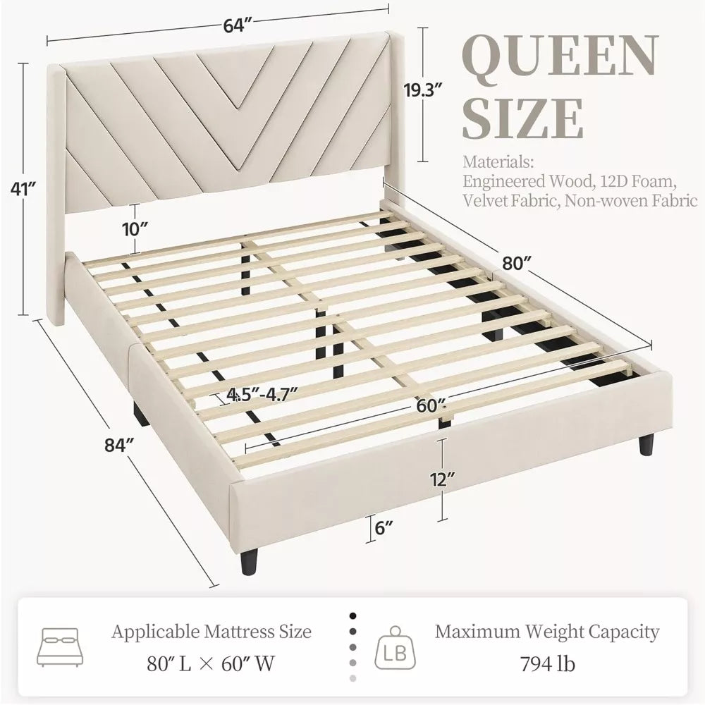 Modern Velvet Upholstered Queen Platform Bed with Wingback Headboard - DSARD